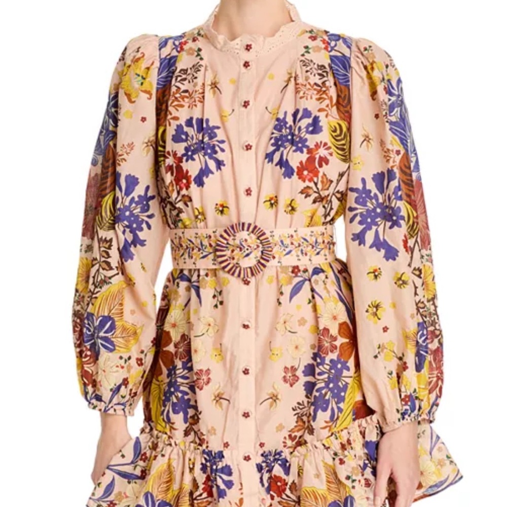 FARM Rio Pink Floral Long Sleeve Tiered Dress with Belt
